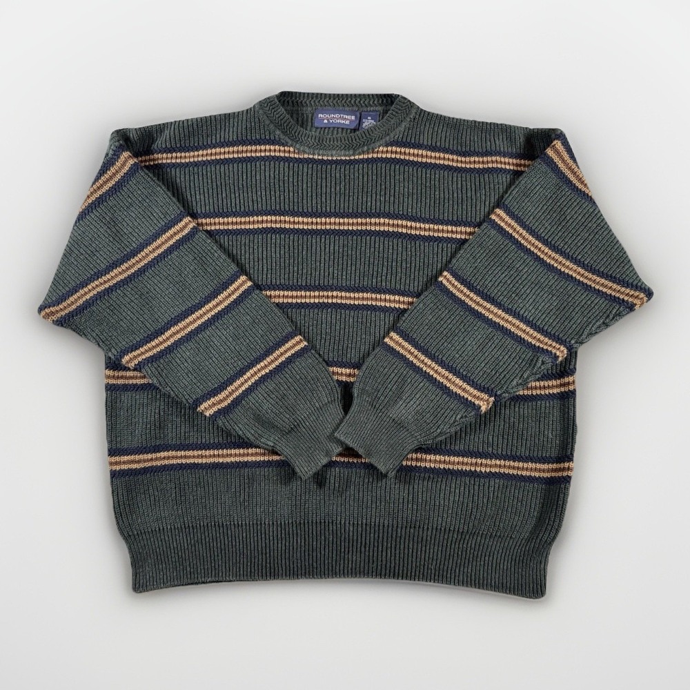Roundtree & Yorke Mens XL Sweater Green Stripe Knit Crewneck Hong Kong 80s 90s